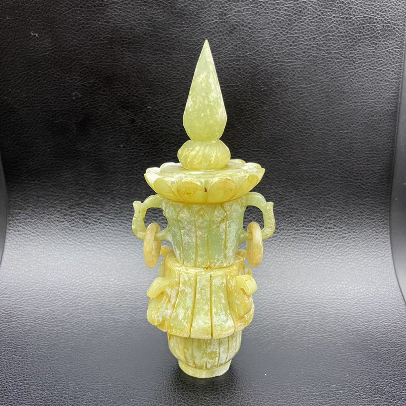 岫玉莲花灯塔摆件仿古雕刻双耳玉塔玉佩古玩收藏孤品短剧影视摆件