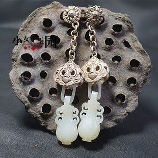 和田玉立体雕刻花瓶耳环耳坠女款耳坠小吊坠青白玉玉宝瓶平安挂件