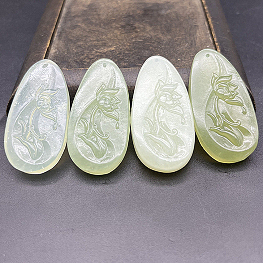 岫玉水滴形莲花吊坠挂件颈饰项链坠玉佩玉坠古风压襟挂坠配饰配件