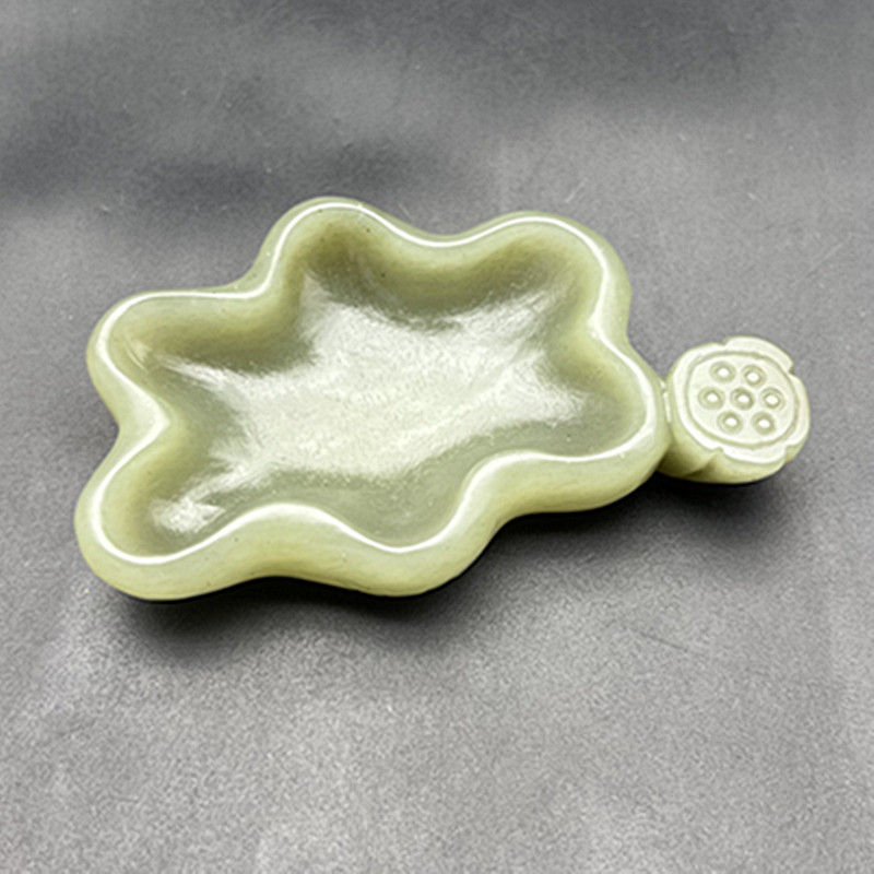 和田玉荷叶笔洗文房用品笔搁笔架手刻复古玉石摆件器件古玩收藏玉