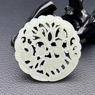 和田玉鹿鹤同春吊坠挂件仿古明清镂空雕刻玉佩玉坠颈饰玉石毛衣坠