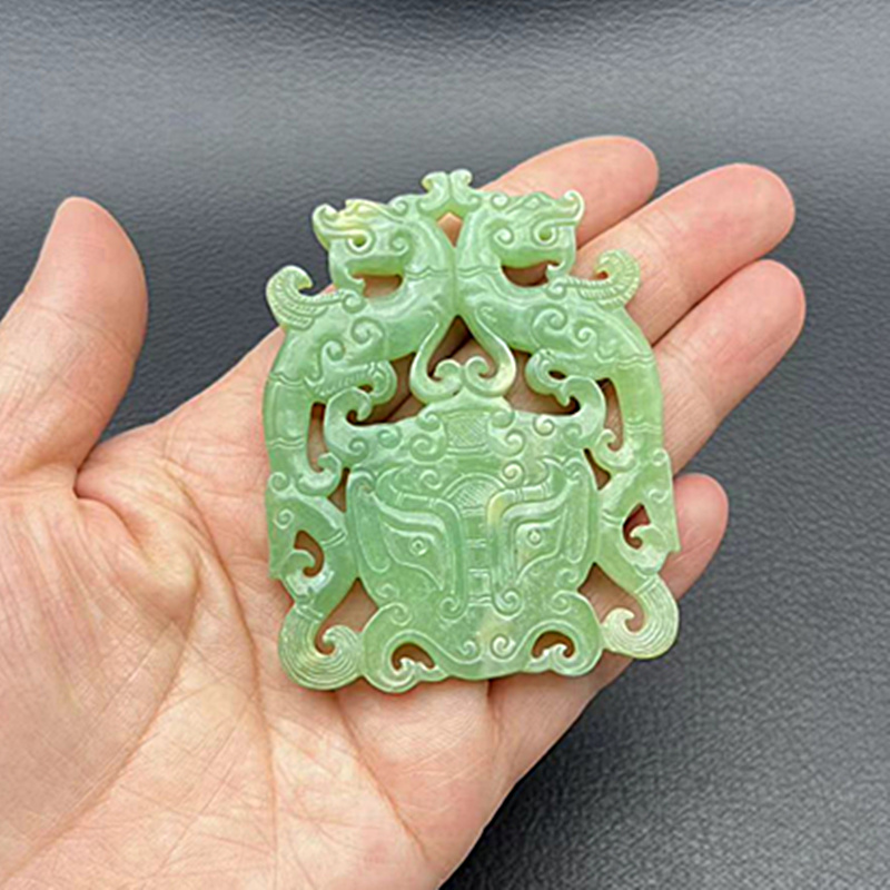 绿琉璃仿古玉佩双龙双凤吊坠镂空浅绿色龙凤汉服腰佩服装配饰玉坠