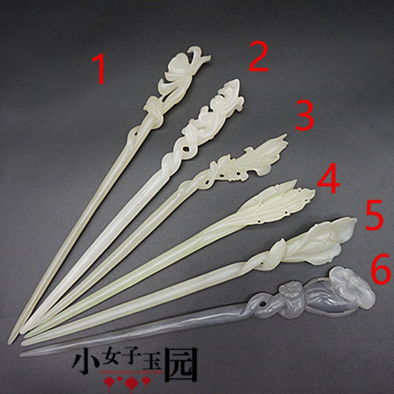和田玉手工雕刻莲花荷花发簪玉簪青海料烟灰玉簪子汉服头饰收藏