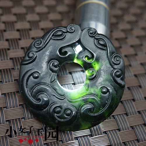 雕刻仿古吊坠双龙汉服腰佩墨绿玉
