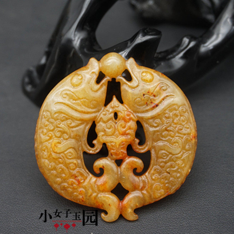 岫玉仿古双鱼佩玉坠做旧烤色双鱼戏珠 吊坠挂件古风腰佩挂坠配饰