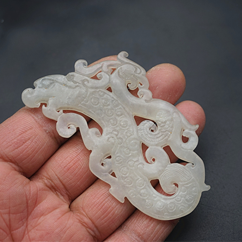 岫玉龙凤吊坠挂件仿古双面镂空雕刻龙凤呈祥玉佩玉坠毛衣坠玉腰佩