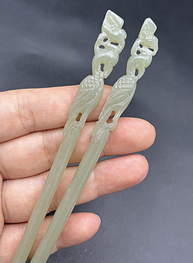 青玉仙鹤发簪天然和田玉簪子发饰仿古玉钗复古发钗男女款古风玉簪