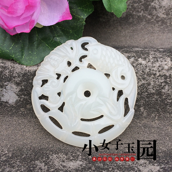 镂空玉佩 琉璃仿白玉富贵有余平安扣玉吊坠挂件 仿古家具木器镶嵌