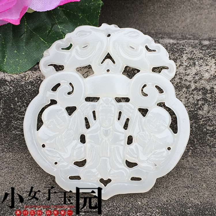 镂空玉佩琉璃 仿白玉观音童子吊坠挂件 流苏车挂仿古家木器镶嵌