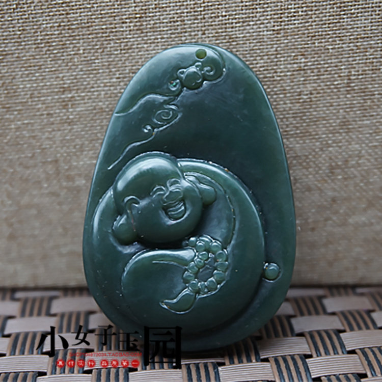 和田玉青玉弥勒佛吊坠女款挂件笑佛玉佩玉坠项链天然玉石原石原色