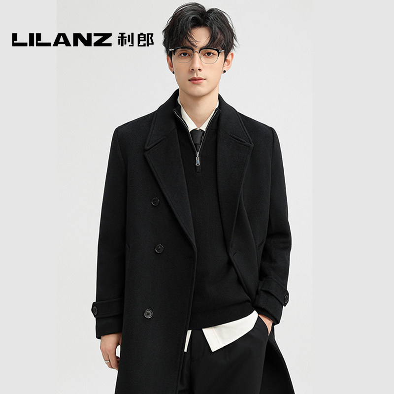 利郎男士长款羊绒毛呢子大衣秋冬新款英伦风双排扣过膝双面呢外套