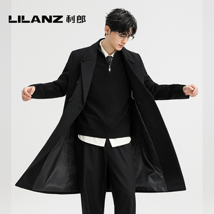 利郎男士中长款羊绒毛呢子大衣秋冬款英伦风双排扣过膝双面呢外套