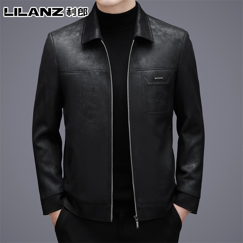 利郎新款头层鹿皮真皮皮衣男