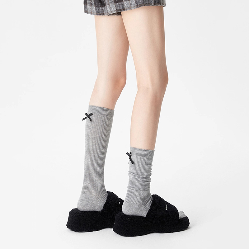 日本Durgge小腿袜保暖羊毛袜秋冬季长袜女竖纹后蝴蝶结百搭堆堆袜
