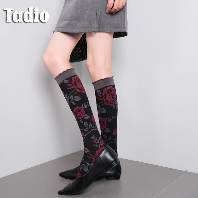 日本Tadio及膝袜小众设计感通勤穿搭潮玫瑰撞色拼接卷边小腿袜女