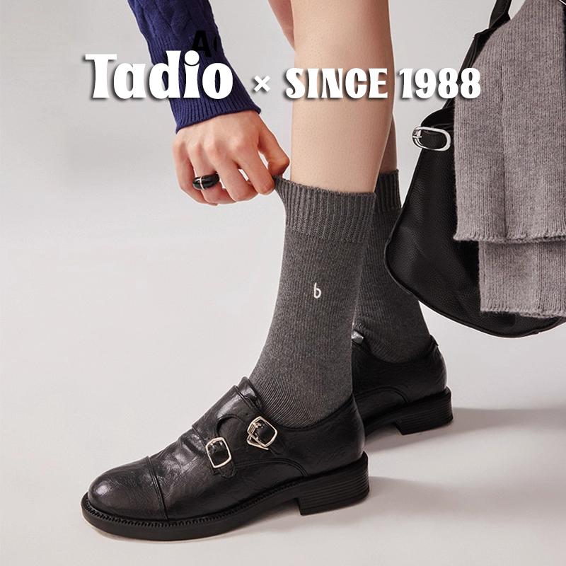 日本Tadio春秋款长绒棉刺绣字母b中筒袜无骨加厚基础打底长筒袜女