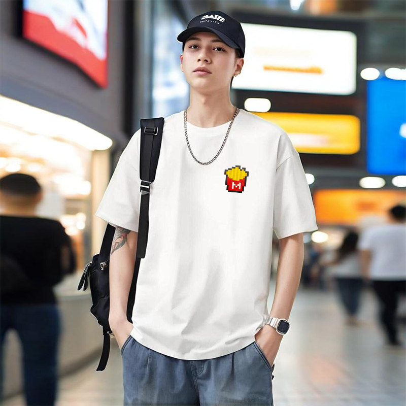 男士趣味印花T恤 创意像素格麦当劳薯条印花 短袖潮流百搭上衣