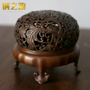 饰 纯手工纯铜紫铜缠枝莲纹四足炉熏香家用室内宣德创意摆件古代装