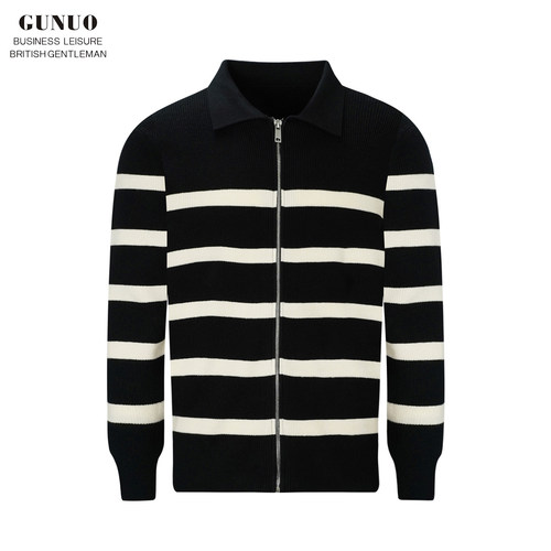 开衫撞色条纹翻领针织衫外套复古