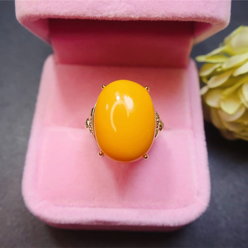 S925银镶嵌天然蜜蜡14X19MM戒指鸡油黄女款指环饰品琥珀活口设计
