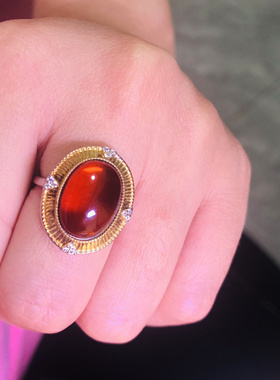 天然墨西哥净水血珀10x14mm蛋面款戒指925银时尚复古回流款牛血红