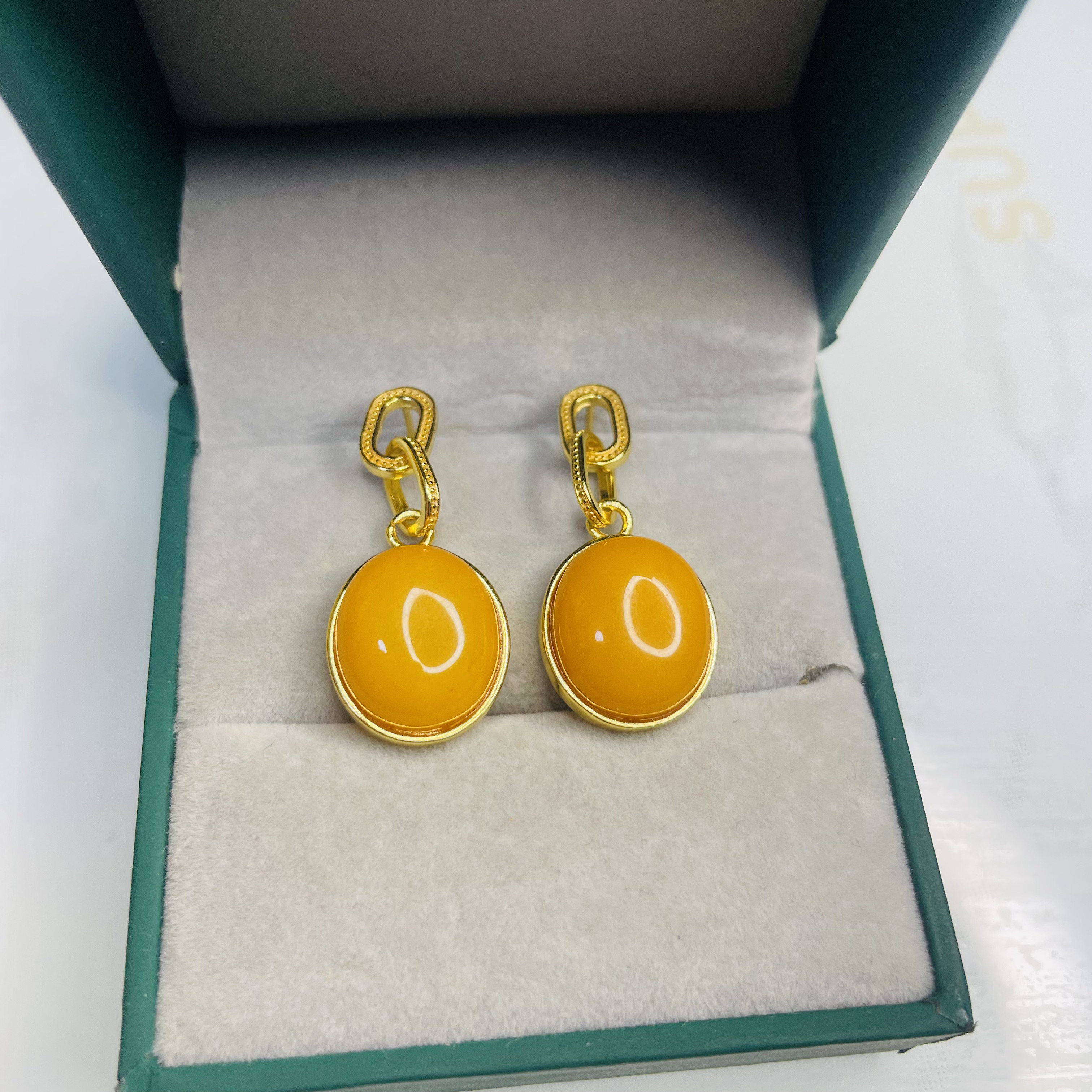 天然蜜蜡耳钉耳坠S925银耳钉12X14MM琥珀鸡油黄老蜡古法银时尚