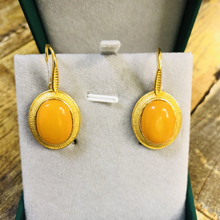 925纯银镀黄金镶天然蜜蜡12X16MM耳环女款俄料琥珀鸡油黄耳饰耳坠