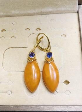 925纯银镶天然j鸡油红蜜蜡马眼13X27MM耳环俄料琥珀鸡油黄耳饰耳