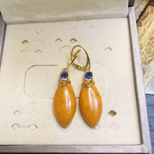 925纯银镶天然j鸡油红蜜蜡马眼13X27MM耳环俄料琥珀鸡油黄耳饰耳