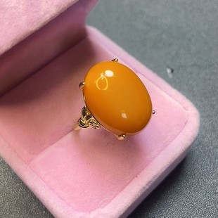 天然蜜蜡戒指琥珀925银镶嵌满蜜老蜜鸡油黄复古款 活口复古中国风