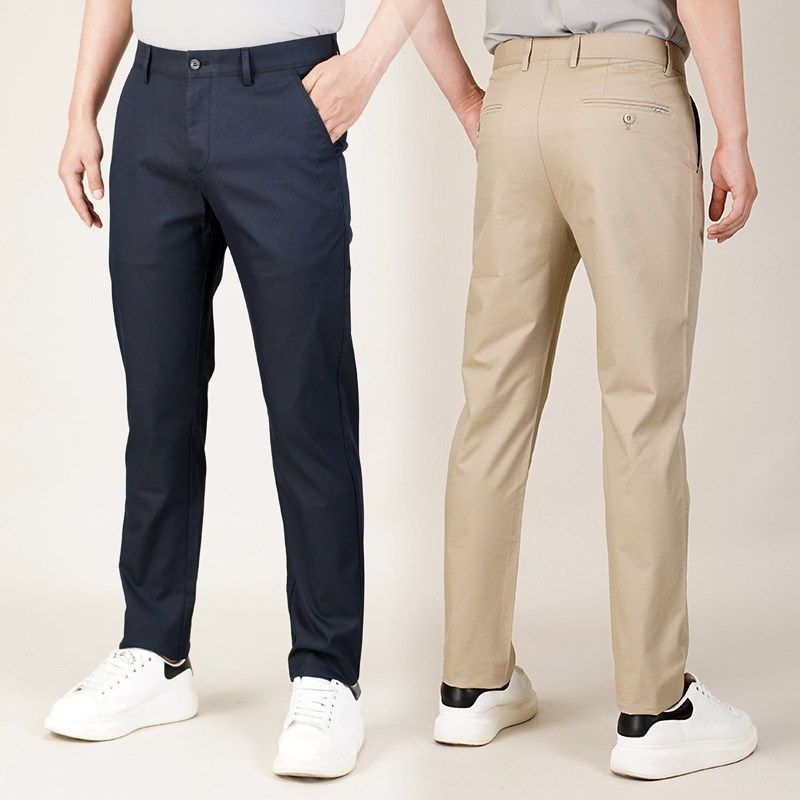 直筒宽松型长裤子休闲裤男弹力商务西裤中老年爸爸夏季卡其色薄款