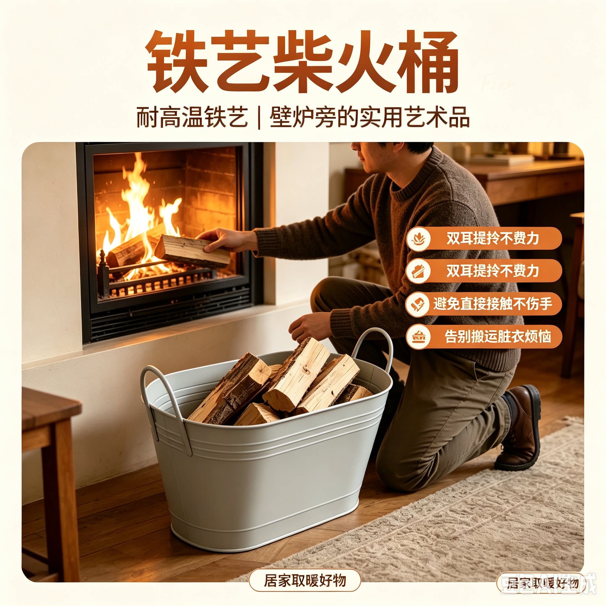 壁炉木柴框手提式柴火搬运收纳架小空间堆柴架冬民俗柴篮铁艺柴篮图片