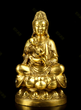 送子观音铜像观音菩萨佛像供奉家用纯铜南海坐莲观世音家居摆件