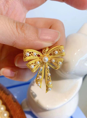 越南沙金珍珠蝴蝶结吊坠女款锁骨