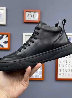帕达索头层牛皮百搭板鞋新款高帮休闲皮鞋加绒保暖黑色棉鞋221101