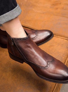 冬季切尔西靴男真皮短靴英伦复古马丁靴布洛克男士高帮皮靴221122