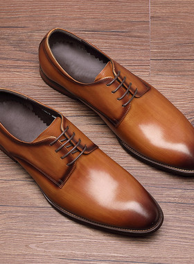 帕达索英伦风复古正装皮鞋真皮棕色韩版西装商务皮鞋德比鞋220359