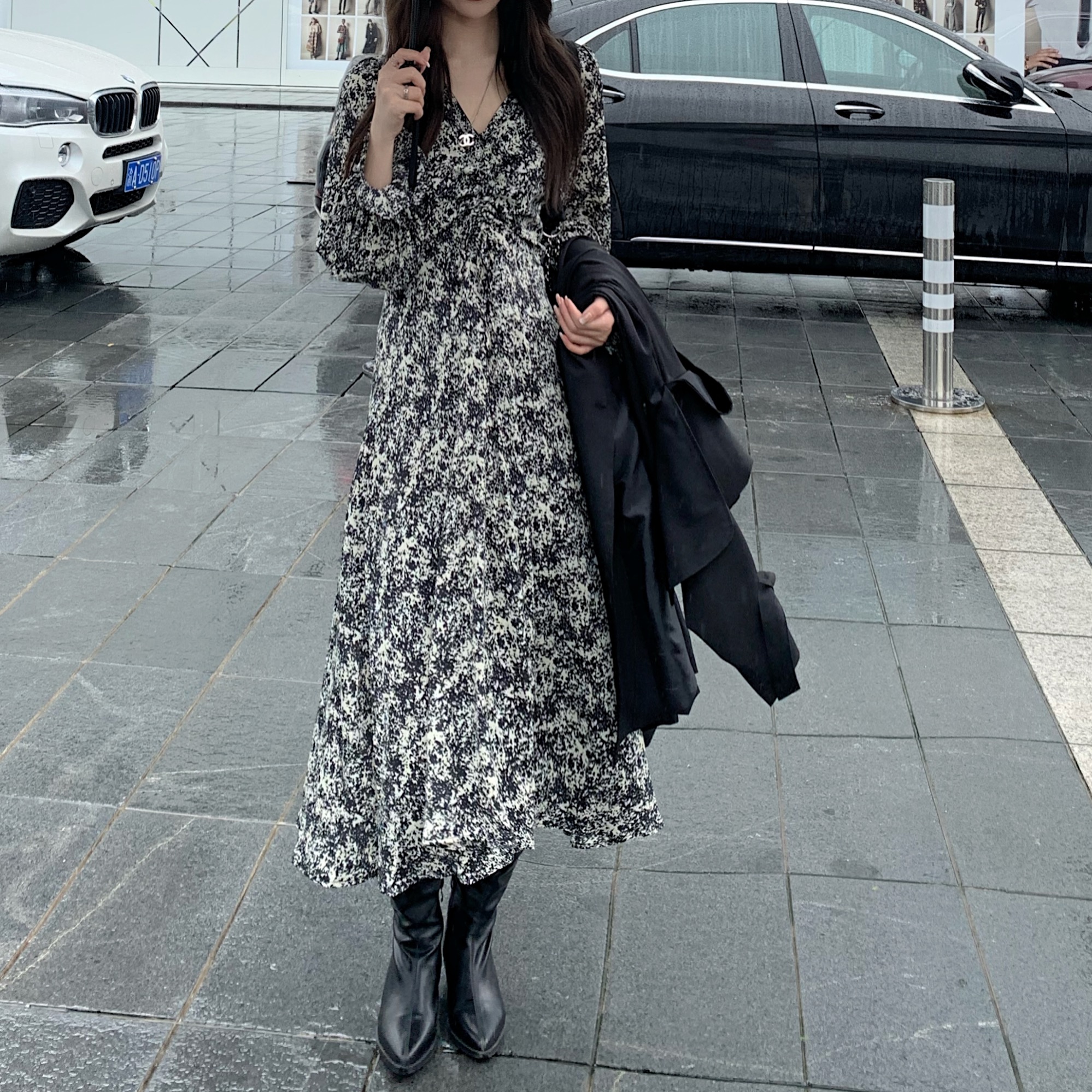 Real price double breasted lace up waist middle length windbreaker coat Floral Dress