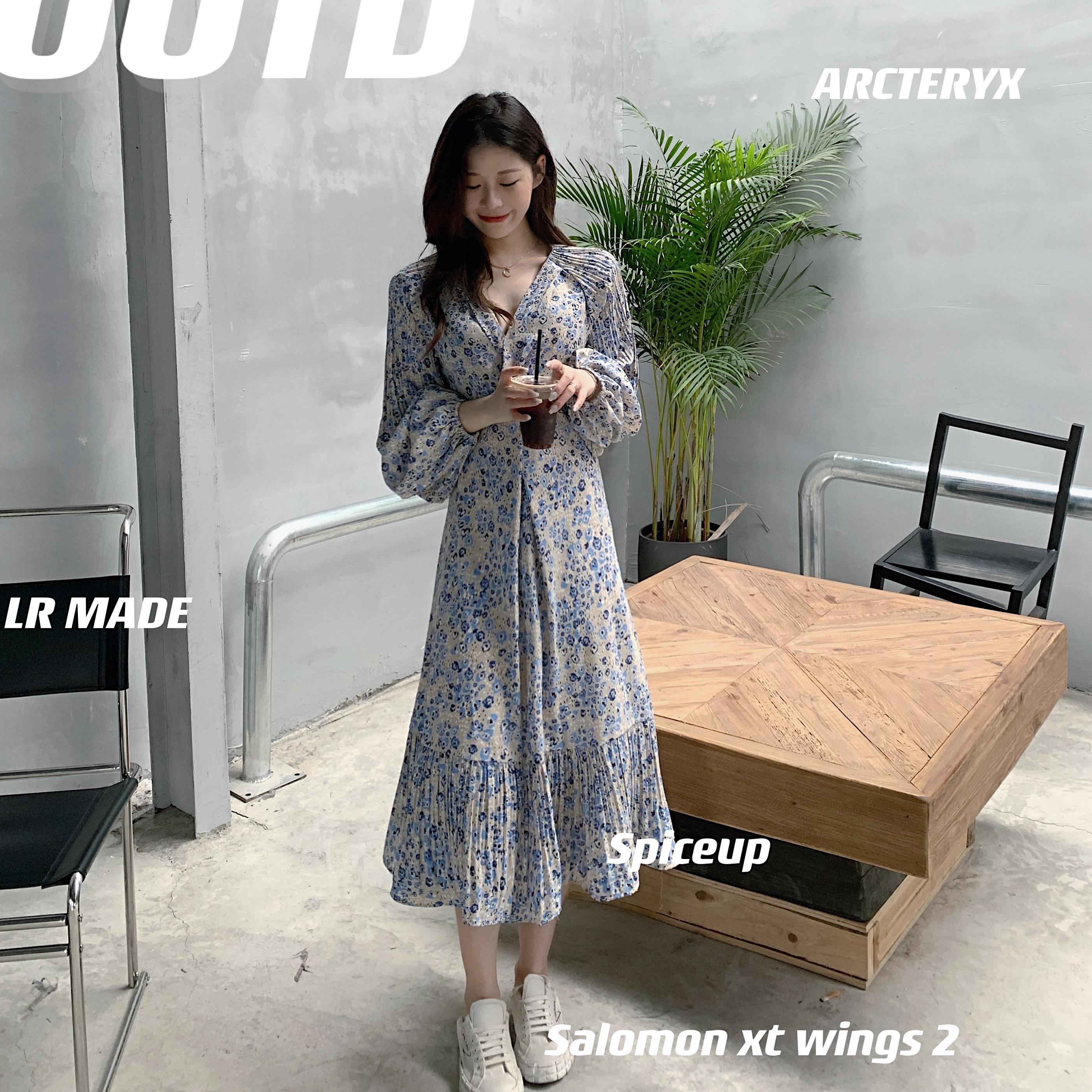 Real shot real price spring waist lace up collar French temperament long skirt with Pleated Chiffon dress for women