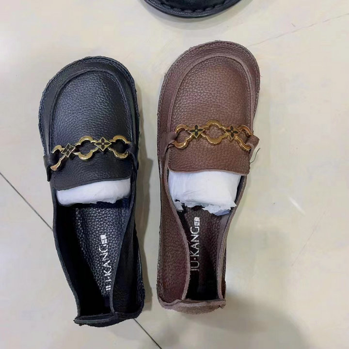 巨康复古乐福单鞋2025春秋浅口一脚蹬手工女鞋牛皮软底平底豆豆鞋
