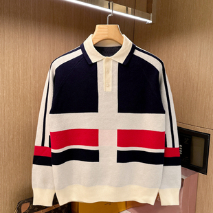 高级拼色翻领毛衣秋冬新款 polo衫 时尚 长袖 男 复古修身 英伦雅痞男装