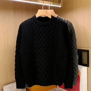男款 休闲加厚重磅粗棒针绞花毛线衫 保暖衣 复古麻花毛衣男冬季 美式