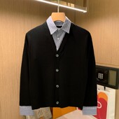 拼接开衫 秋季 外套男 宽松毛衣假两件针织衫 男潮流衬衫 新款 休闲男式