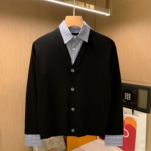 开衫针织衫V领叠穿假两件毛衣潮