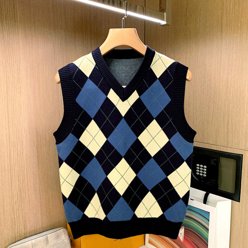 修身春季撞色格纹背心复古鸡心领