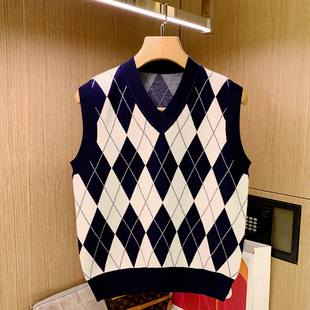 商务坎肩背心男款 英伦风男装 时尚 针织马甲男秋冬新款 复古菱格修身