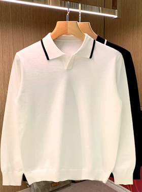 秋冬新款休闲男装翻领男士上衣针织衫时尚高级感白色polo衫男长袖