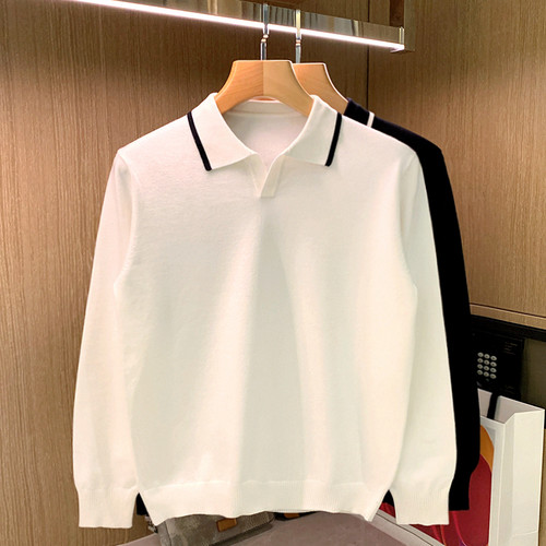 春秋长袖休闲高级白色翻领polo衫