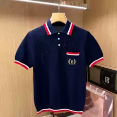 French High-End Color-Blocked Lapel Slim-Fit Men's Short-Sleeved T-Shirt, New Summer Style Hollow-Out Breathable Knitted Polo Shirt for Men