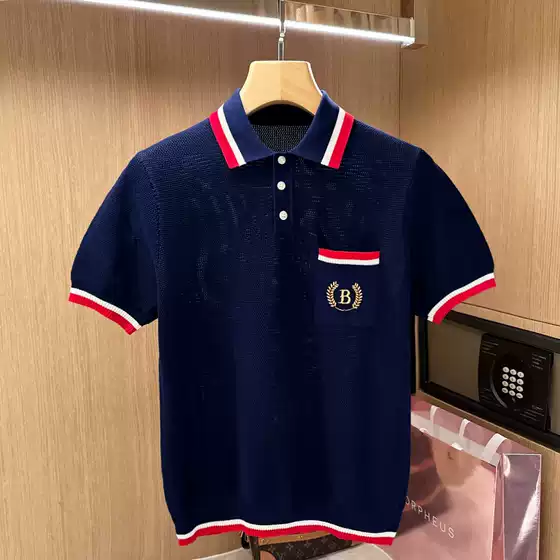 French High-End Color-Blocked Lapel Slim-Fit Men's Short-Sleeved T-Shirt, New Summer Style Hollow-Out Breathable Knitted Polo Shirt for Men